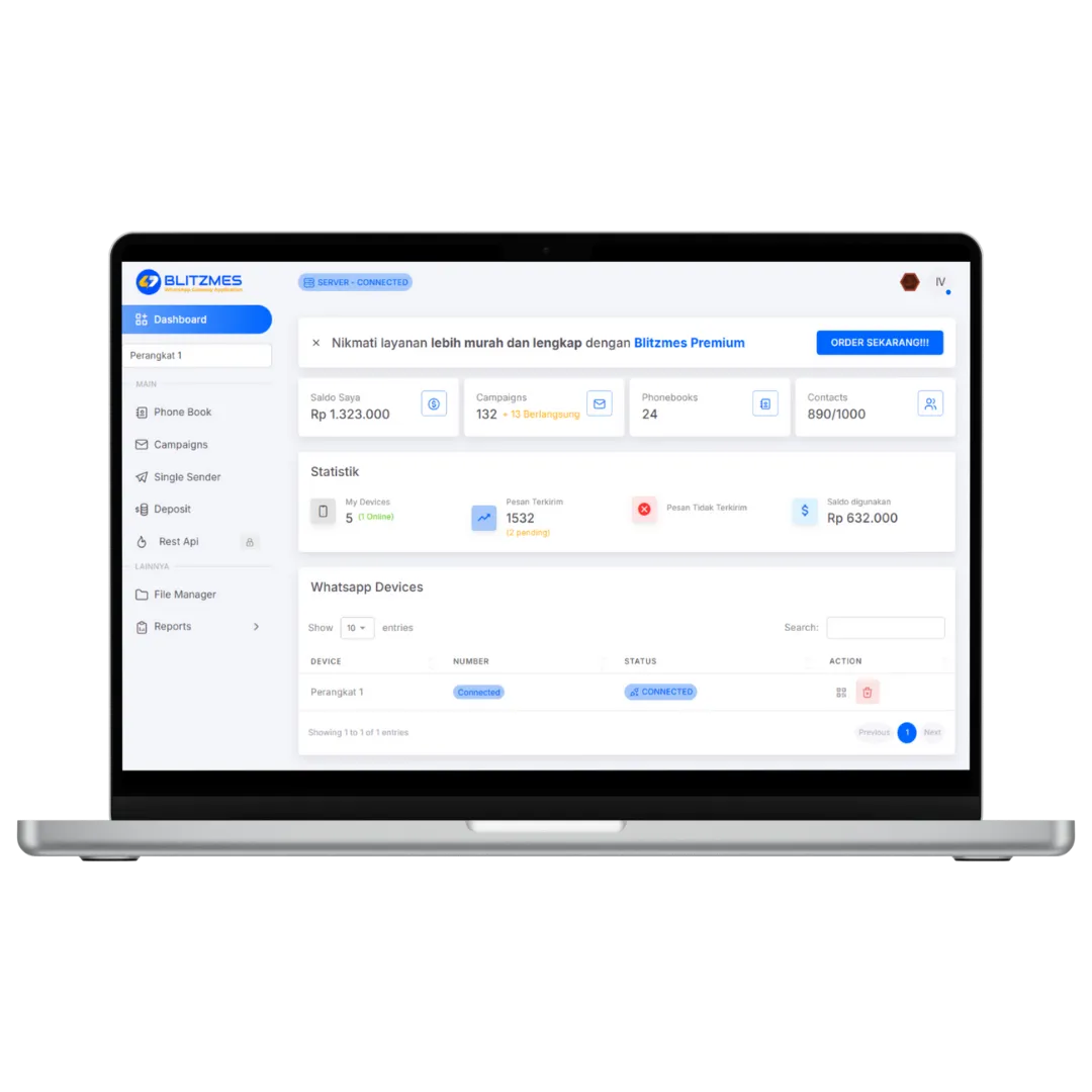 Dashboard Blitzmes - Platform WhatsApp Blast Indonesia
